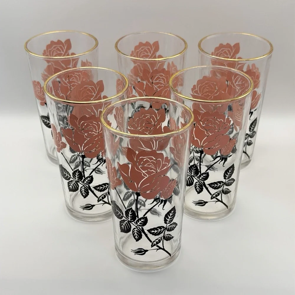 Vintage‎ Pink Rose Glasses Set of 6 Highball Gold Rim Floral Tumblers 1960s MCM